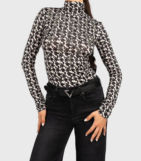 Maglia Donna a collo alto con motivo pied de poule Panna nero Liu Jo- Francavilla Moda